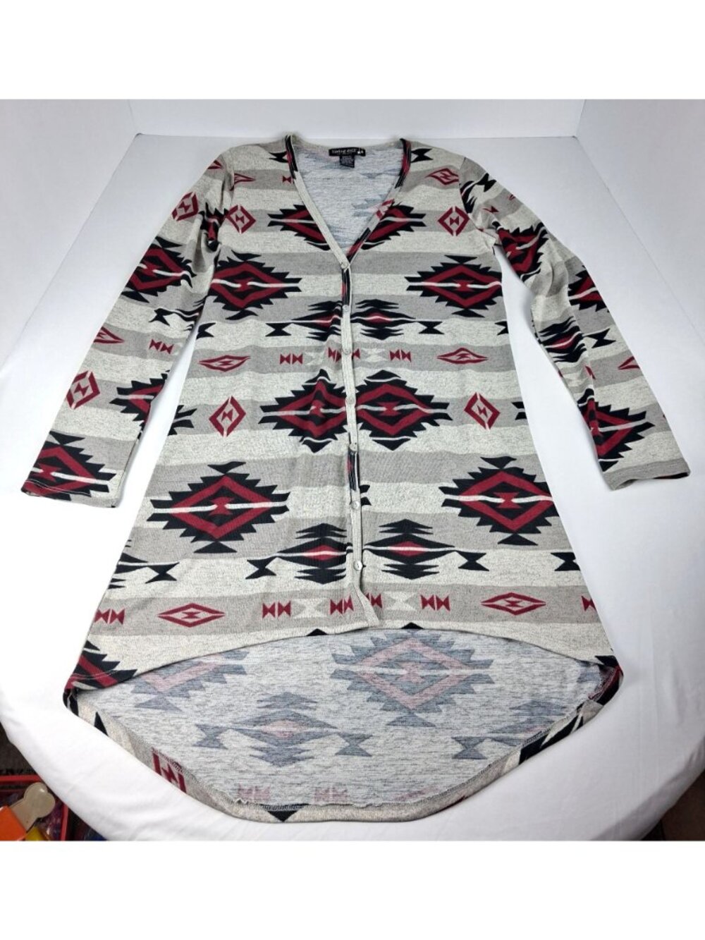 Living Doll Los Angeles Large Tribal Aztec Style Cardigan Sweater High-Low Hem - Picture 4 of 12